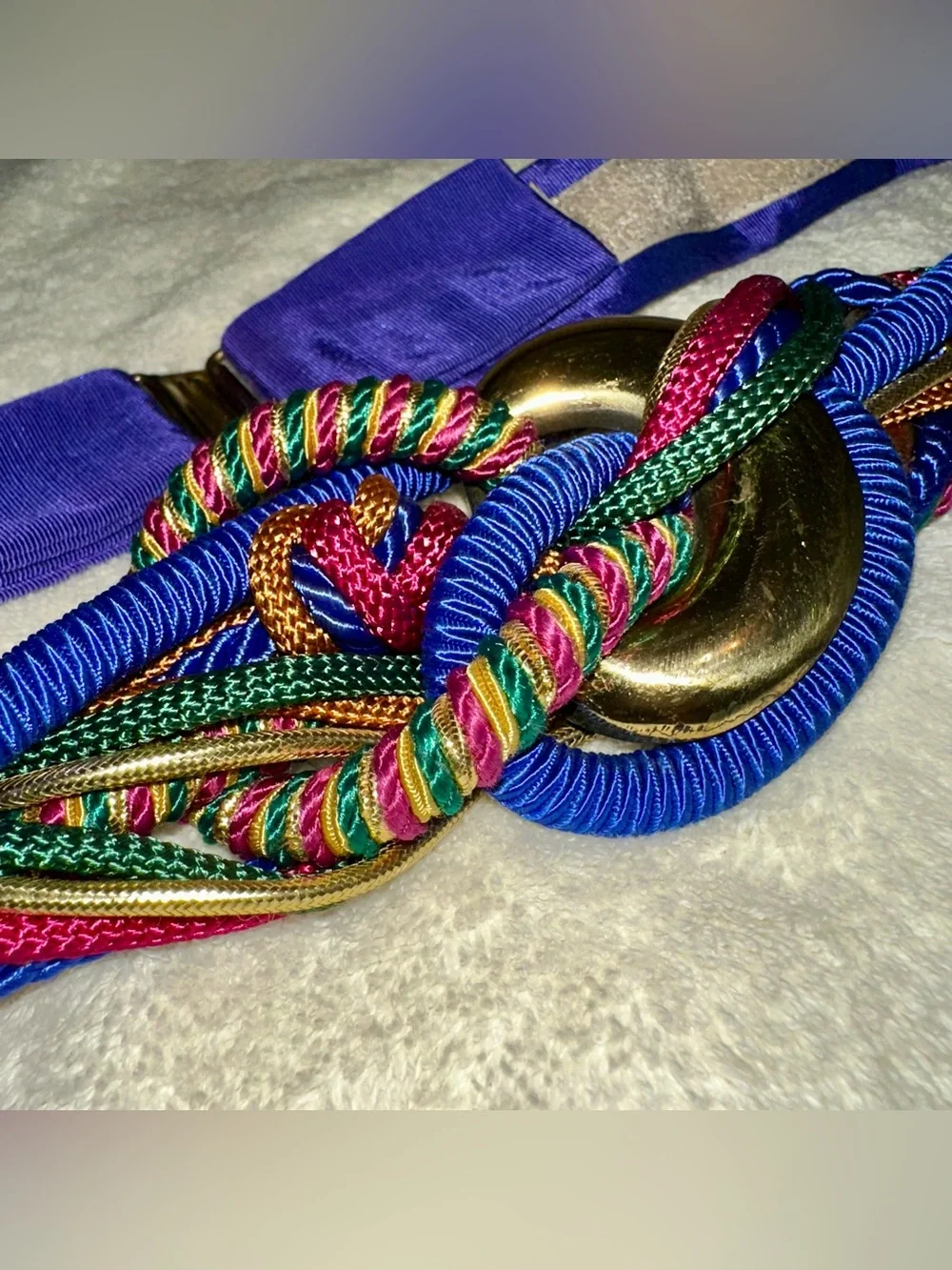 Vintage 80s Braided Rope Belt Royal Blue Gold Adjustable Waist Cinch Belt